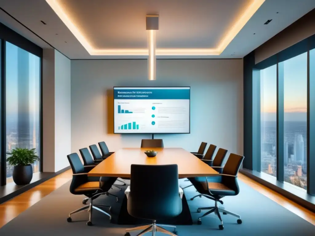 Salón de conferencias moderno: negociación exitosa en bienes raíces Profesionales en reunión, guiados por la Guía arbitraje mediación conflictos inmobiliarios