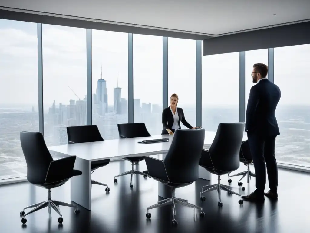 Reunión de negocios en sala moderna con vista a la ciudad Profesionales en reunión discutiendo proyectos de restauración inmobiliaria