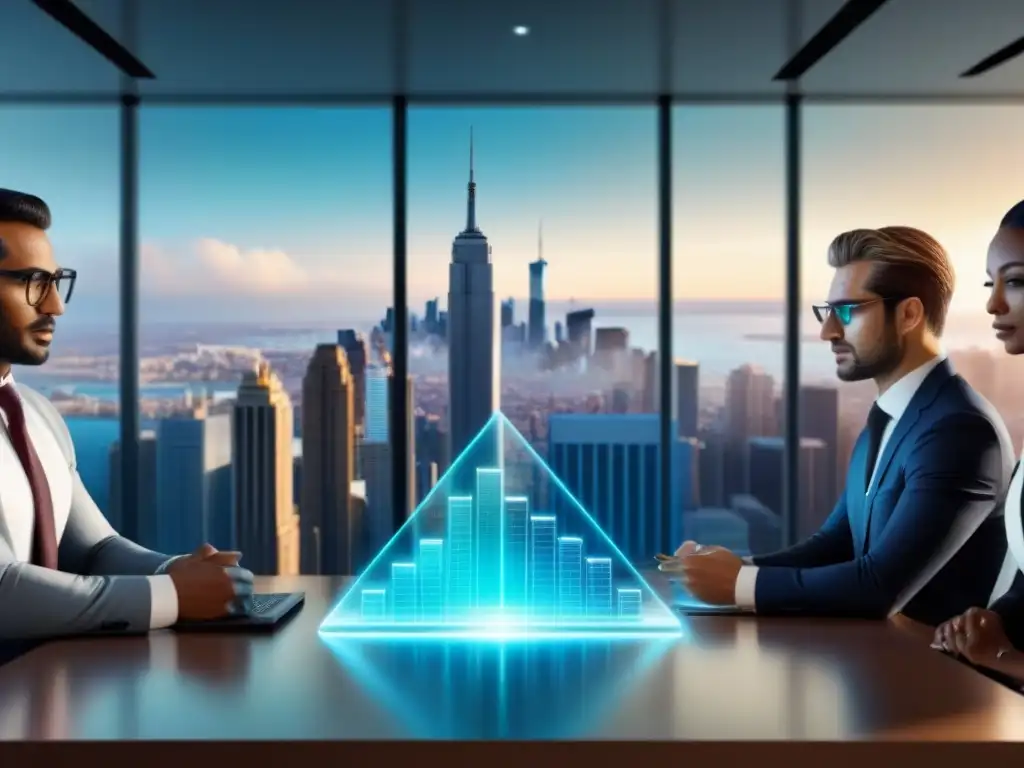 Profesionales analizan modelo inmobiliario holográfico en sala futurista Profesionales en reunión en sala de juntas futurista con modelo de inversión inmobiliaria valor actual neto como holograma