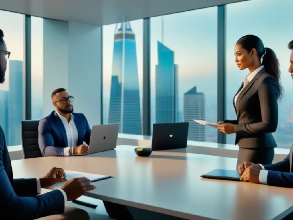 Profesionales en reunión: oficina moderna con vista panorámica Profesionales en reunión analizando seguros hipotecarios en moderna oficina