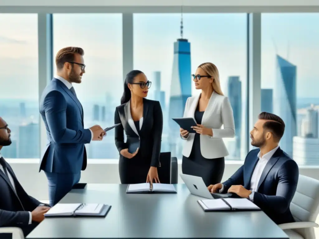 Profesionales debaten estrategias de gestión de riesgos inmobiliarios en moderna sala de juntas Profesionales gestionando riesgos inmobiliarios en moderna sala de juntas con vista a la ciudad