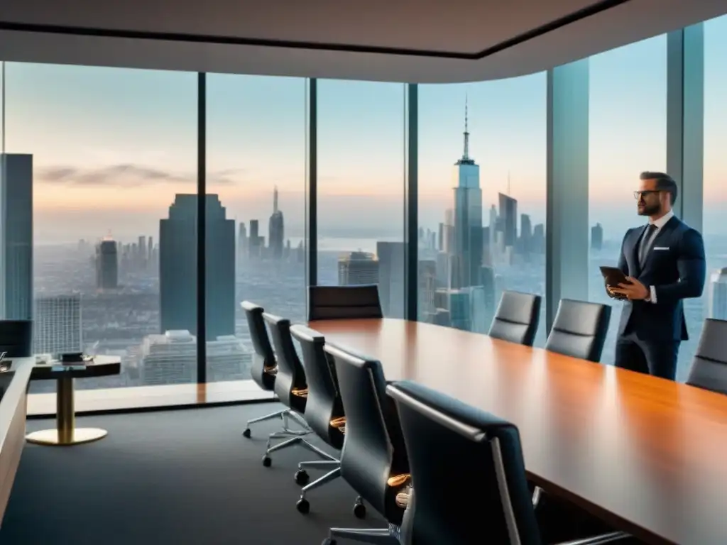 Negociaciones éticas en la sala de juntas de lujo Profesionales en sala de juntas moderna con vista a la ciudad, mostrando ética en negociaciones inmobiliarias
