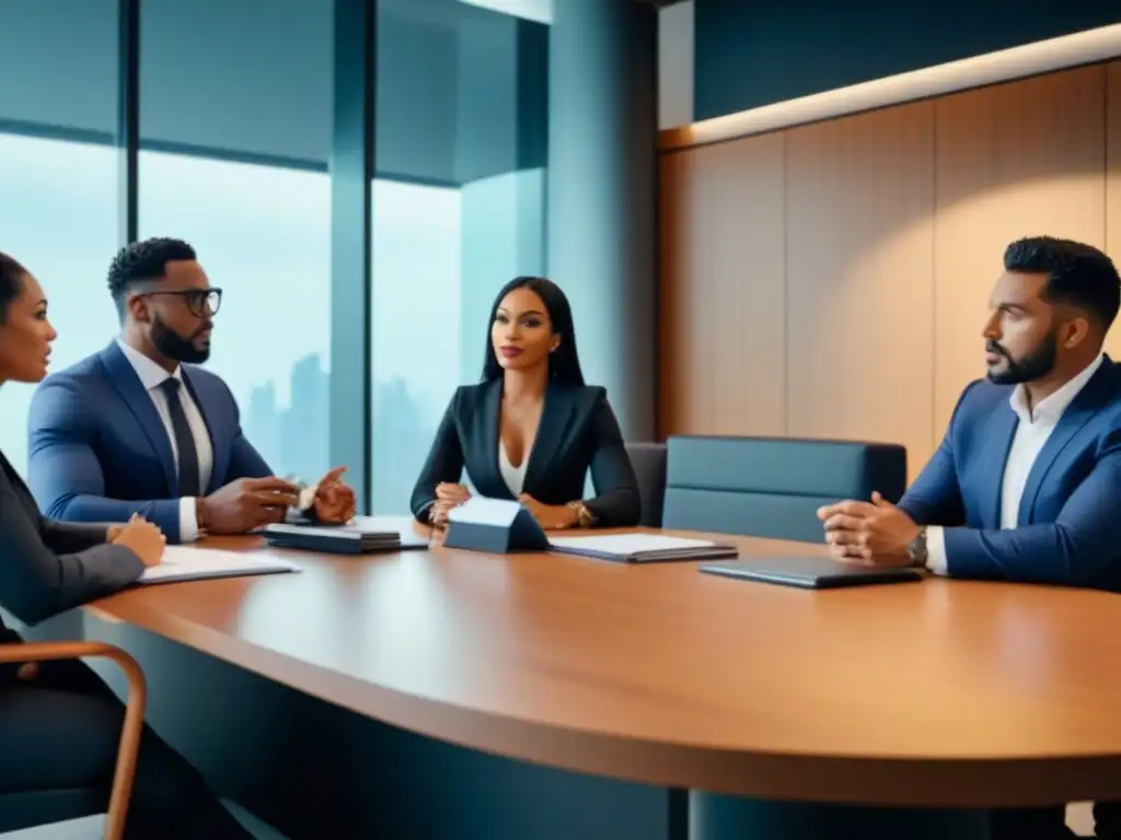 Profesionales diversificados discuten contratos en sala de juntas de alta tecnología Profesionales en una sala de juntas moderna discutiendo aspectos legales inversión inmobiliaria