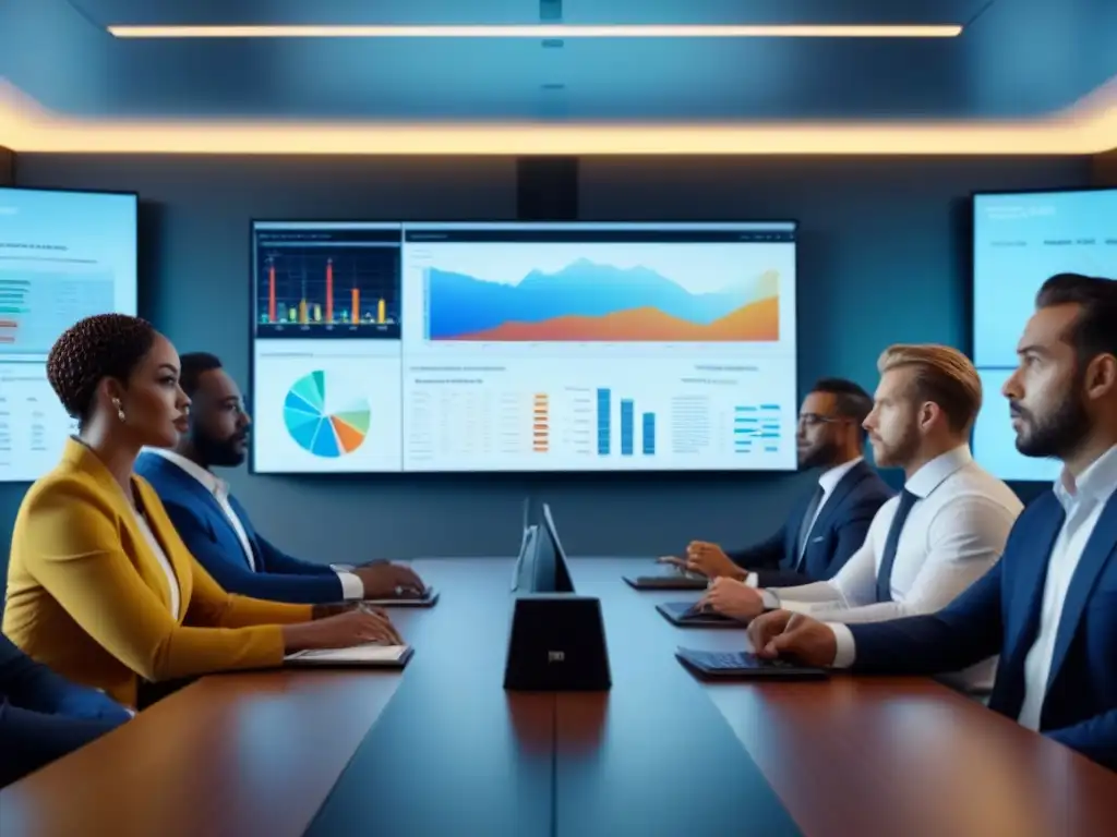 Profesionales analizan gráficos financieros en oficina moderna Profesionales en sala de reuniones moderna analizando datos sobre Análisis de riesgos en inversiones inmobiliarias