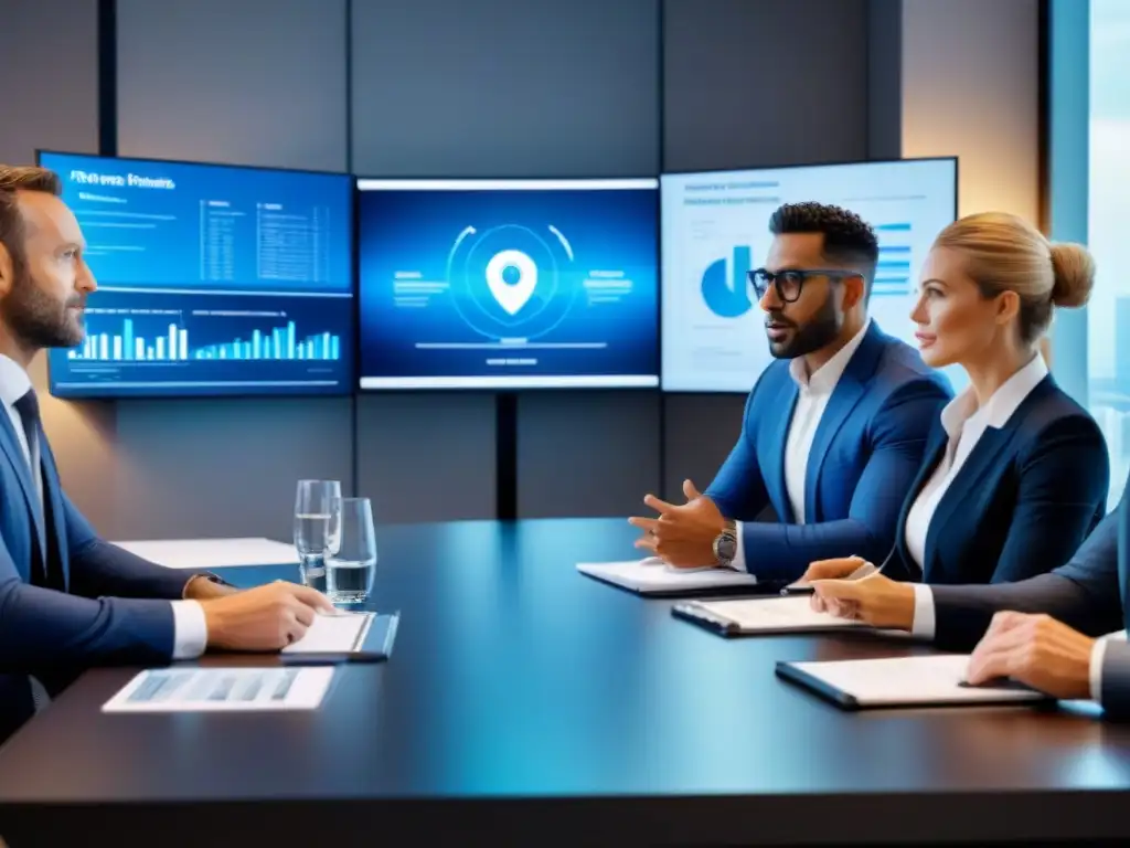 Reunión de profesionales en sala de juntas: estrategias de inversión inmobiliaria Profesionales en una sala de reuniones moderna discuten estrategias de inversión inmobiliaria con tecnología de vanguardia