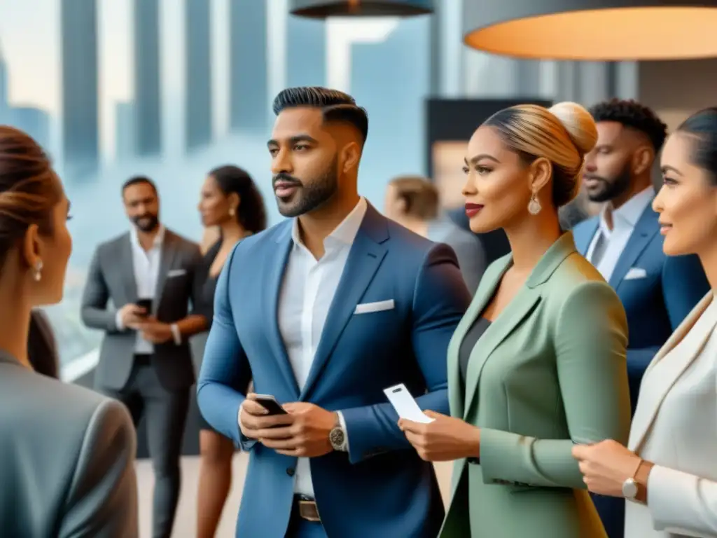 Profesionales inmobiliarios en evento de networking de alta definición Profesionales del sector inmobiliario en evento de networking, intercambiando tarjetas y usando LinkedIn