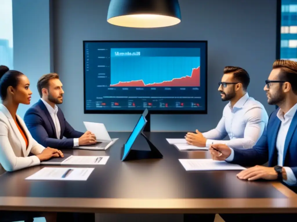Profesionales en reunión estratégica de inversión inmobiliaria Profesionales serios discuten estrategias de inversión inmobiliaria en una moderna sala de juntas