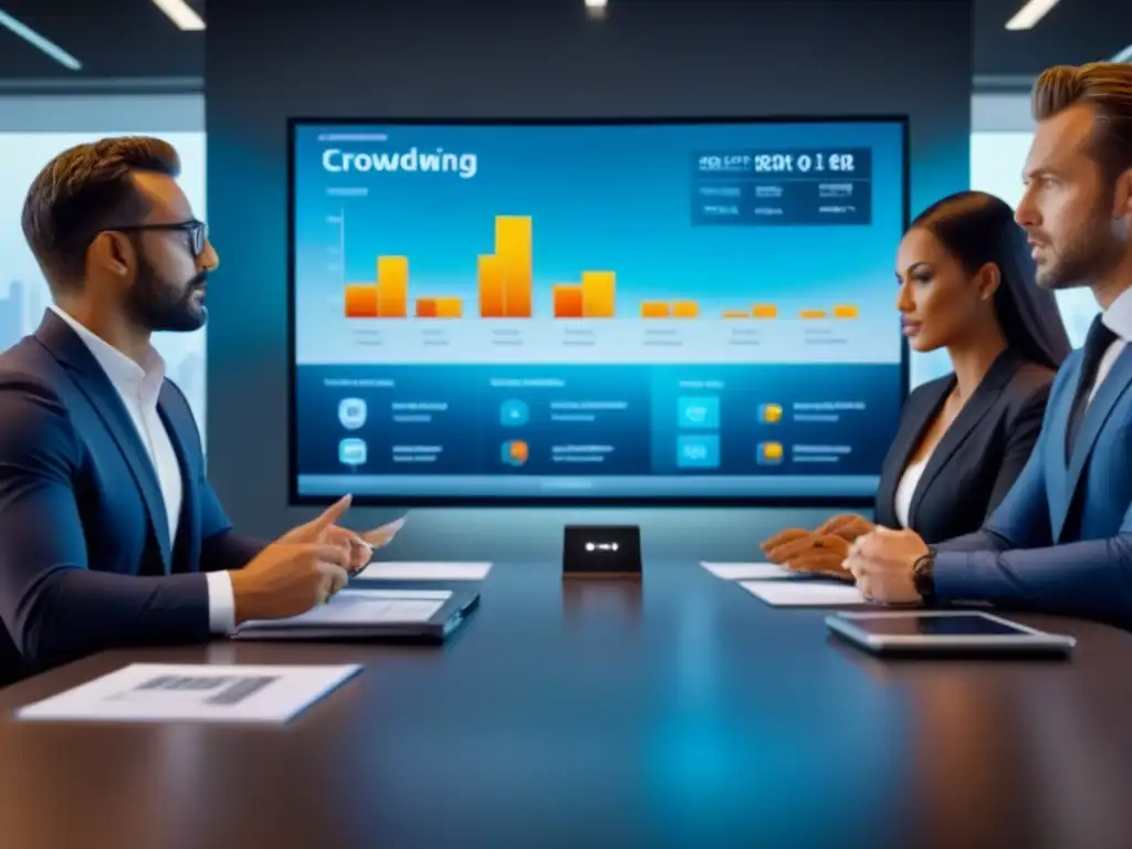 Reunión estratégica de profesionales en inversiones inmobiliarias Profesionales serios en reunión estratégica con datos de crowdfunding inmobiliario