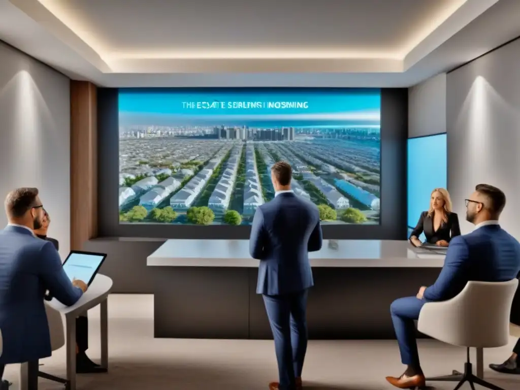 Subasta Inmobiliaria: Profesionales en Acción en Ambiente Futurista Profesionales participando en subastas inmobiliarias con emoción y anticipación en ambiente moderno y tecnológico