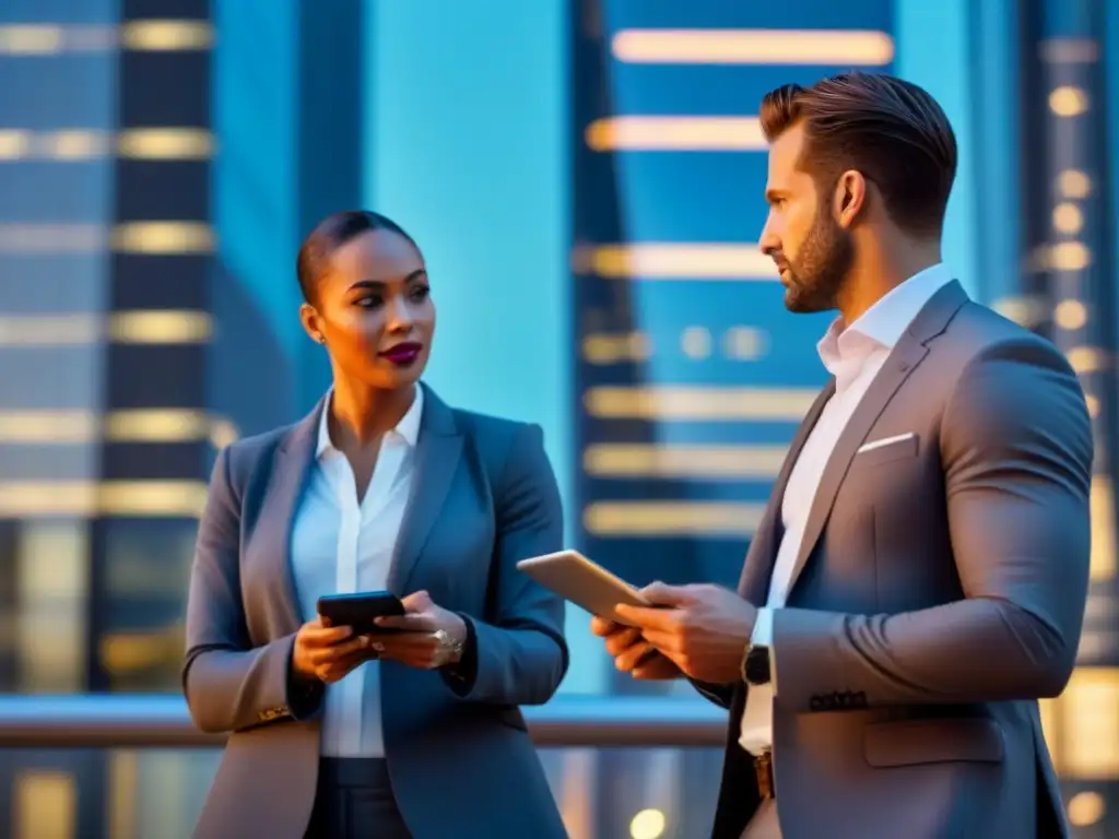 Negociación urbana: skyline futurista y profesionales dinámicos Profesionales negociando tarifas de seguros en propiedad comercial moderna