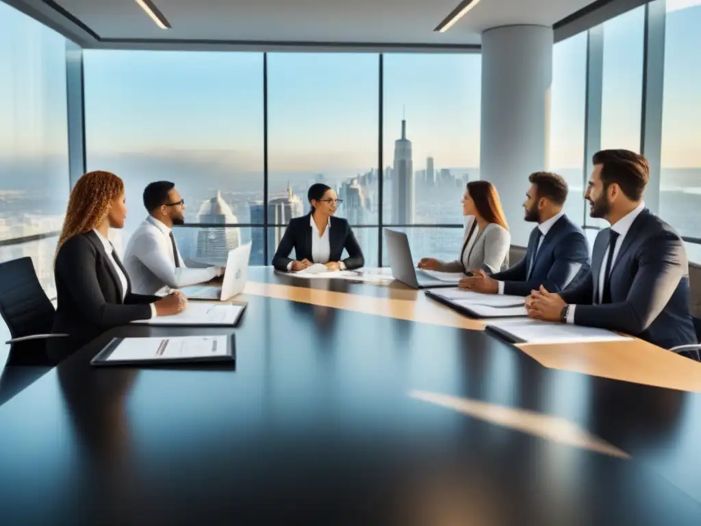 Negociación de seguros: Profesionales exitosos en oficina moderna Profesionales negociando tarifas seguros propiedades comerciales en moderna oficina con luz natural y ciudad en el fondo