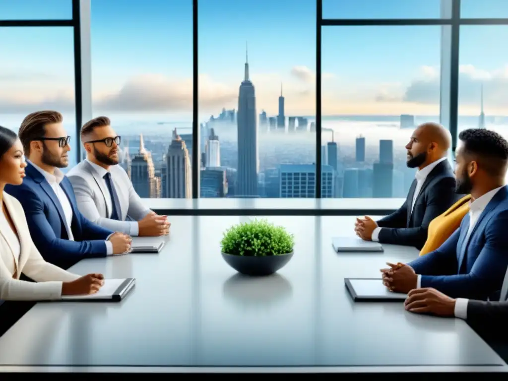 Reunión de negociación en oficina moderna: profesionales en acción Profesionales negociando tarifas seguros propiedades comerciales en moderna oficina luminosa