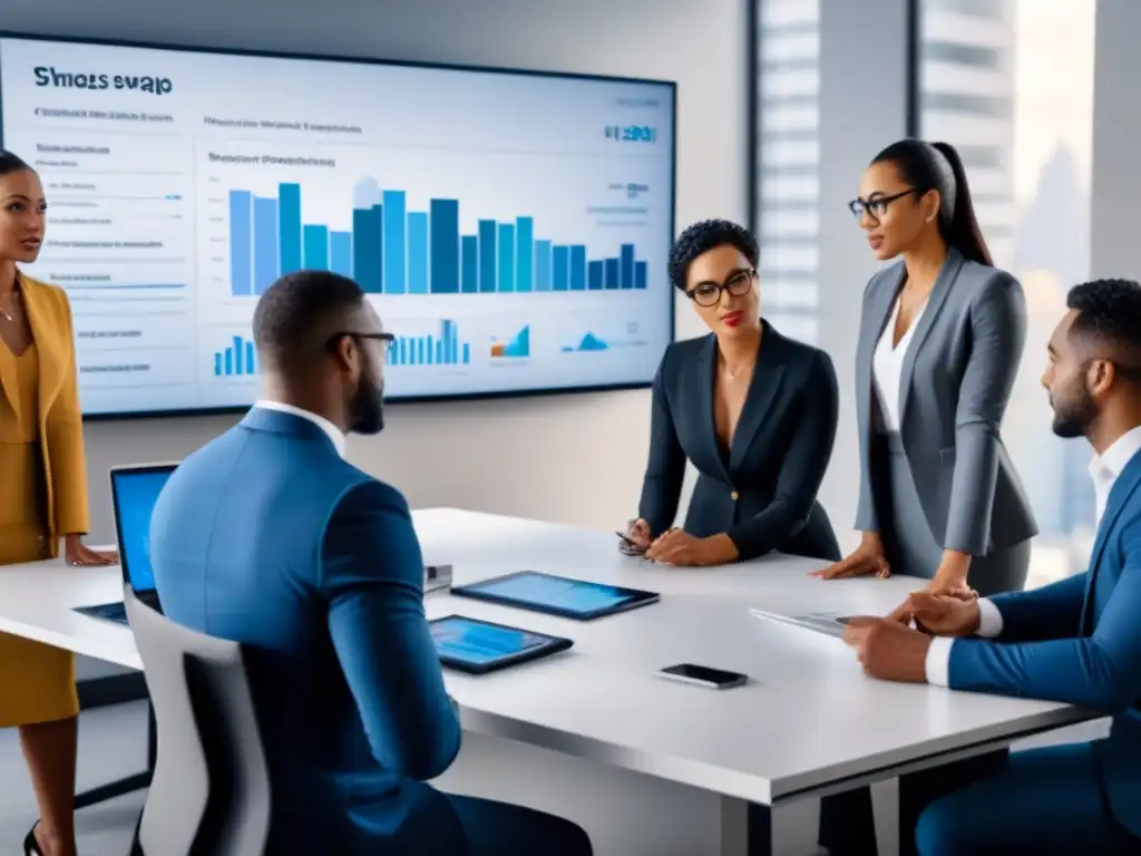 Profesionales analizan swaps de interés en financiamiento inmobiliario Profesionales analizan swaps de tasas de interés inmobiliaria en oficina moderna