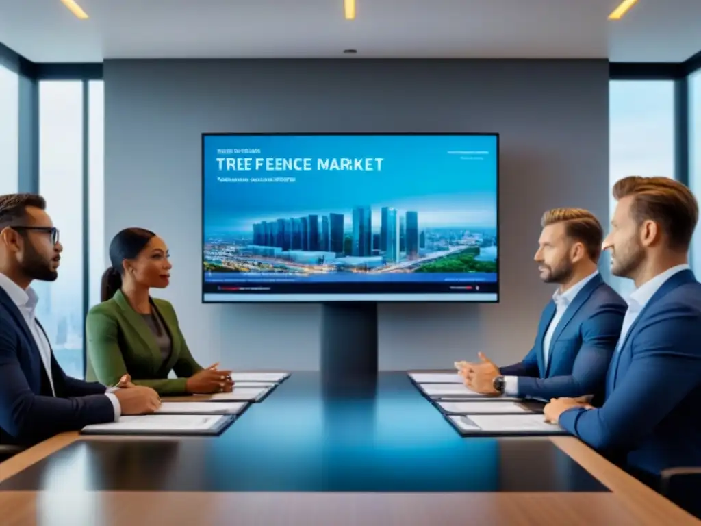 Profesionales expertos analizan tendencias inmobiliarias globales en oficina moderna Profesionales discuten tendencias mercado inmobiliario internacional en moderna consultoría especializada