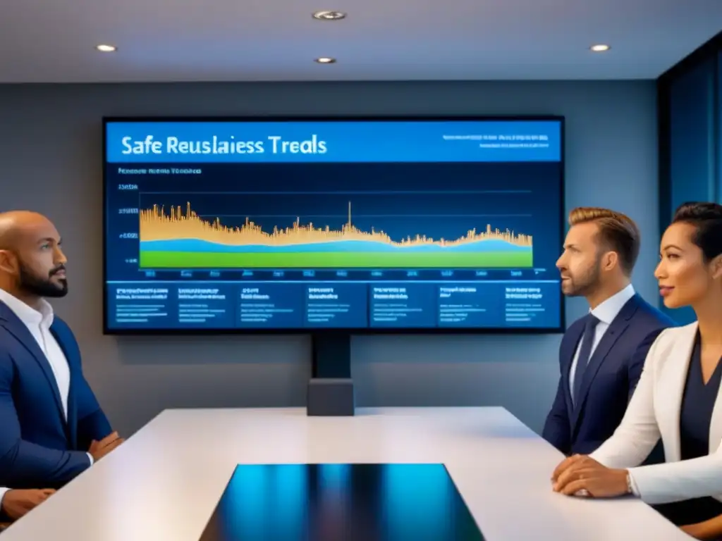 Profesionales analizan mercado inmobiliario en pantalla digital Profesionales analizan tendencias del mercado inmobiliario en pantalla digital de oficina moderna