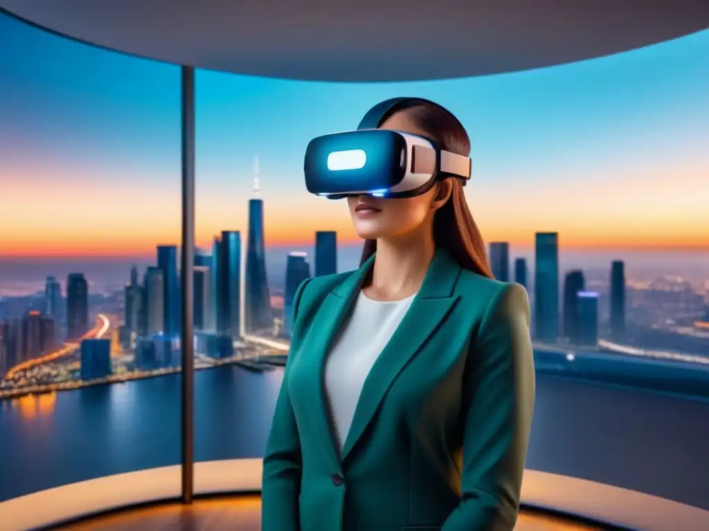 Tour virtual de lujo: Headset futurista en oficina moderna Profesionales experimentan un tour virtual inmersivo de alta tecnología con IA en tours virtuales inmobiliarios