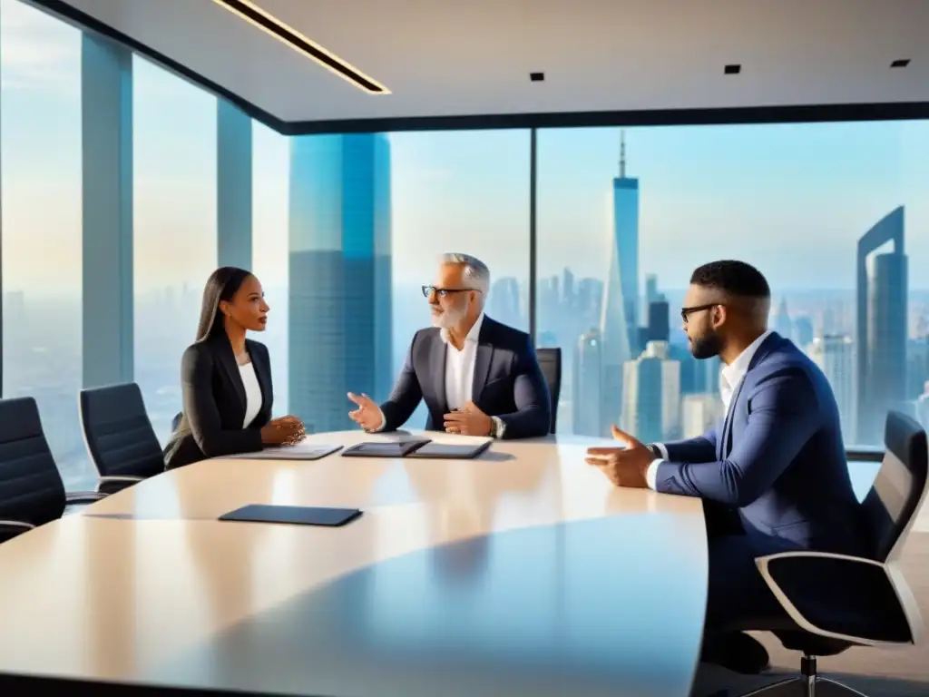 Profesionales en traje discuten estrategias de inversión inmobiliaria internacional y retiro en moderna sala de juntas luminosa
