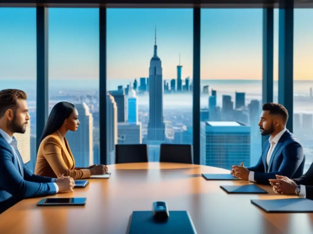 Profesionales en traje discuten Fondos de Inversión Inmobiliaria en moderna sala de juntas con vista a la ciudad