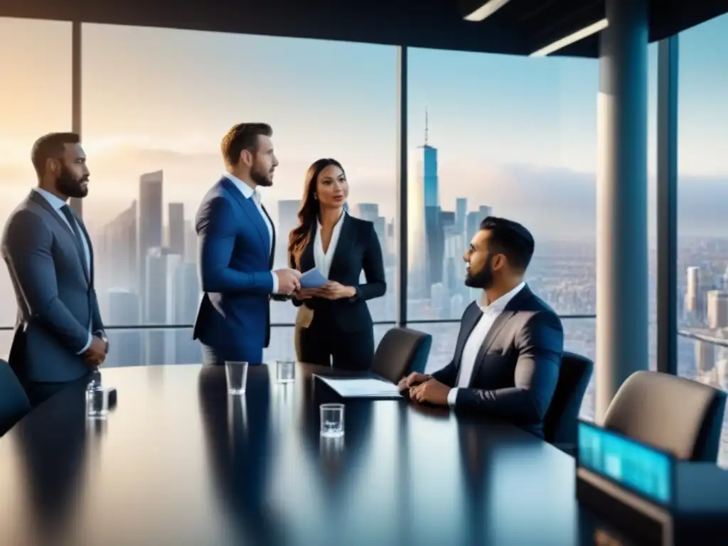 Profesionales debaten estrategias de inversión inmobiliaria en sala de juntas moderna Profesionales en traje de negocios discuten estrategias de inversión inmobiliaria en una moderna sala de juntas con vista panorámica a la ciudad