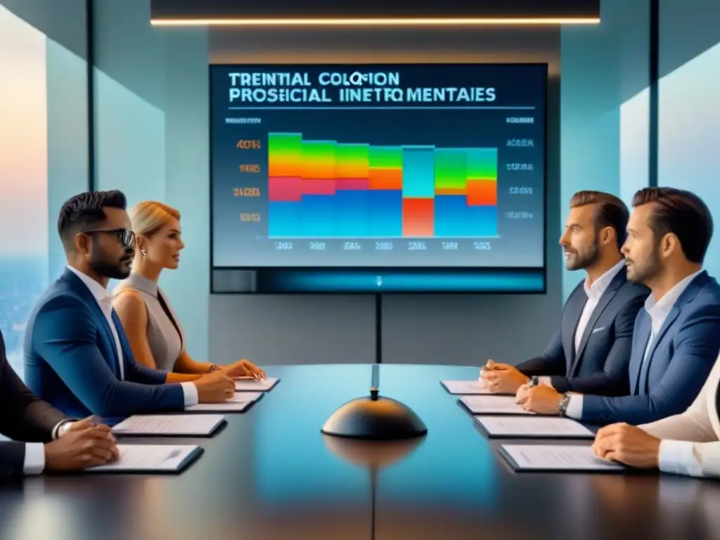 Profesionales en trajes debatiendo estrategias de inversión inmobiliaria internacional en una moderna sala de conferencias