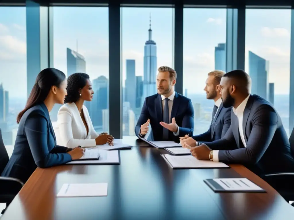 Reunión estratégica de profesionales en moderna sala de juntas Profesionales en trajes discuten gráficos financieros en moderna sala de juntas con vista a la ciudad