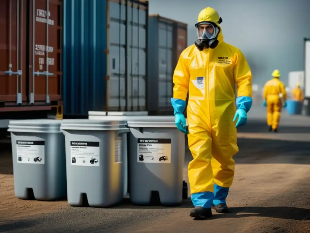 Equipo profesional en trajes hazmat gestionando materiales peligrosos Profesionales en trajes de protección manejan materiales peligrosos en sitio de restauración