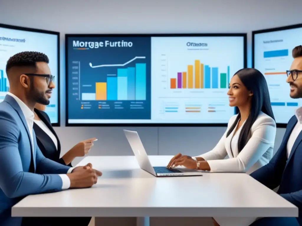 Profesionales diversos decidiendo hipotecas juntos en oficina moderna Profesionales diversos discuten ventajas hipoteca conjunta primera compra en oficina moderna
