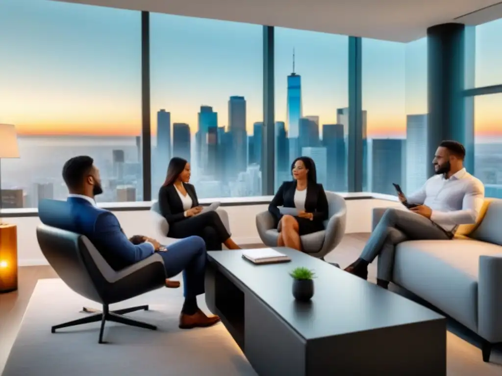 Conversación de seguros para propietarios en oficina elegante Profesionalidad y educación en la gestión de riesgos de propietarios: reunión de agentes inmobiliarios y dueños en oficina elegante