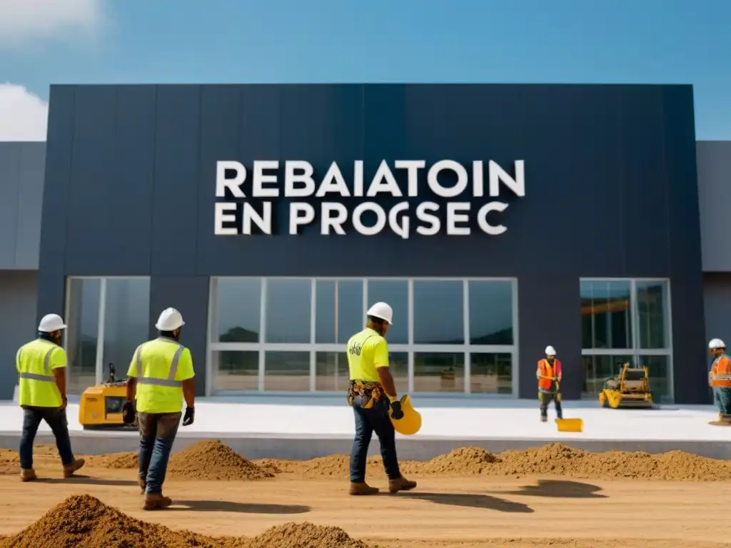 Transformación comercial: Rehabilitación en Progreso con detalle Progreso y transformación en rehabilitación de propiedades comerciales, con trabajadores y maquinaria en sitio de construcción