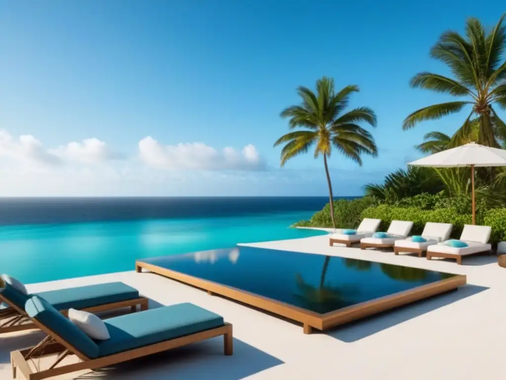 Propiedad de lujo en el Caribe: piscina infinita y vistas al mar Propiedad de alquiler vacacional en el Caribe con piscina infinita y vistas al mar turquesa, palmeras y zona lounge elegante