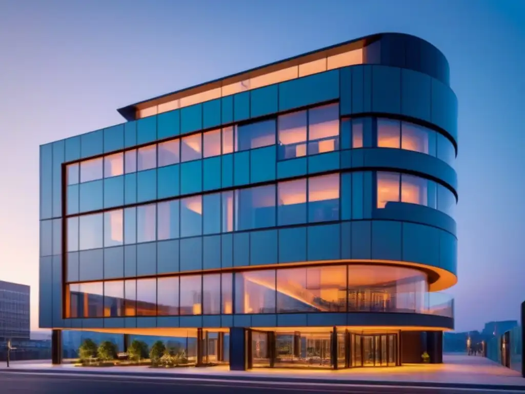 Edificio comercial futurista al anochecer: diseño elegante y seguridad avanzada integrada Propiedad comercial futurista con diseño energéticamente eficiente y sistemas de seguridad avanzados