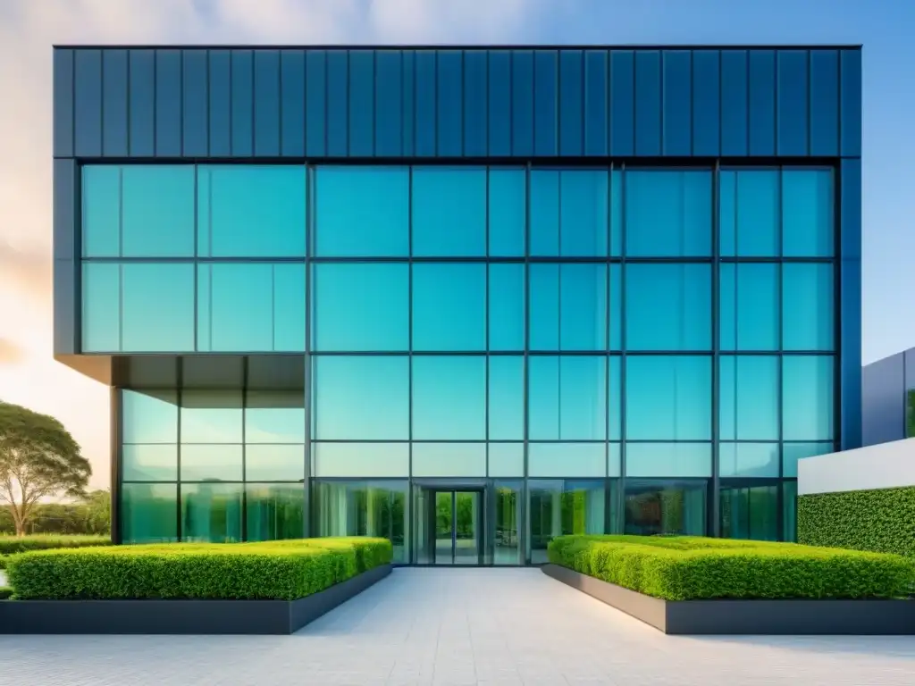 Propiedad comercial moderna y elegante: inversión segura en bienes raíces Propiedad comercial moderna con fachada de vidrio rodeada de exuberante vegetación bajo cielo azul