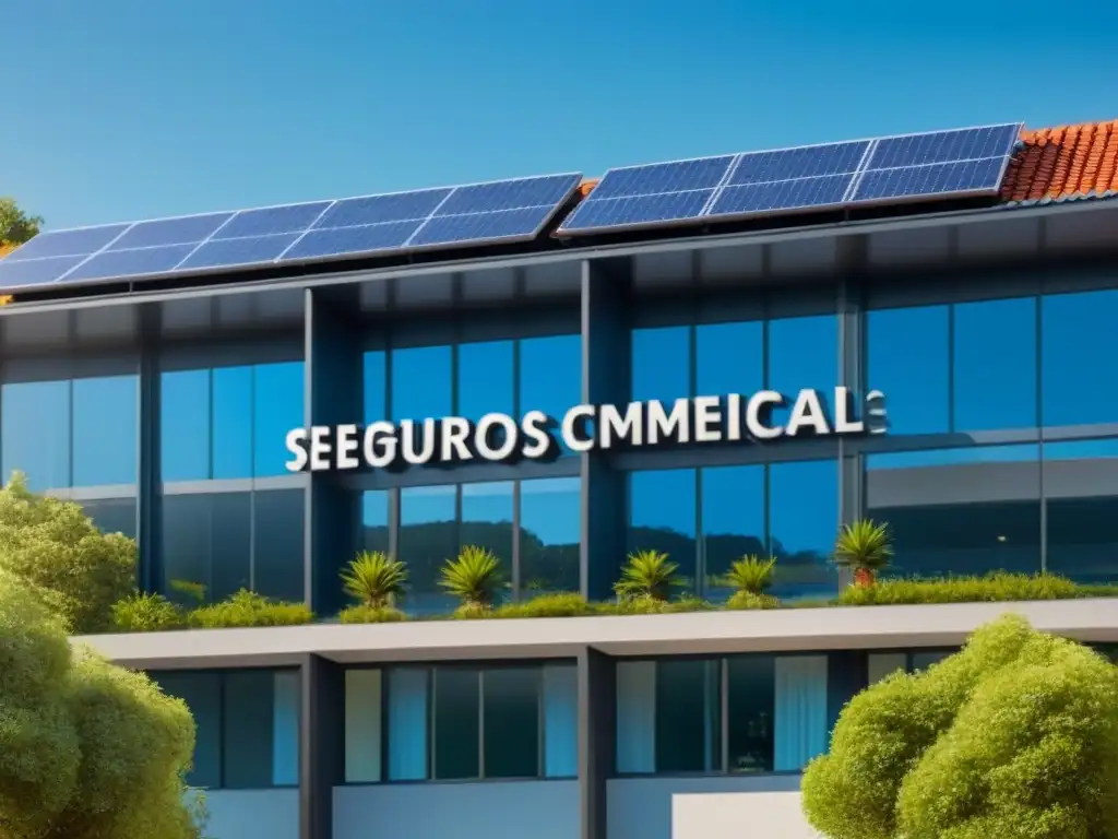 Edificio comercial moderno con paneles solares y naturaleza exuberante Propiedad comercial moderna con paneles solares, rodeada de vegetación, cielo azul