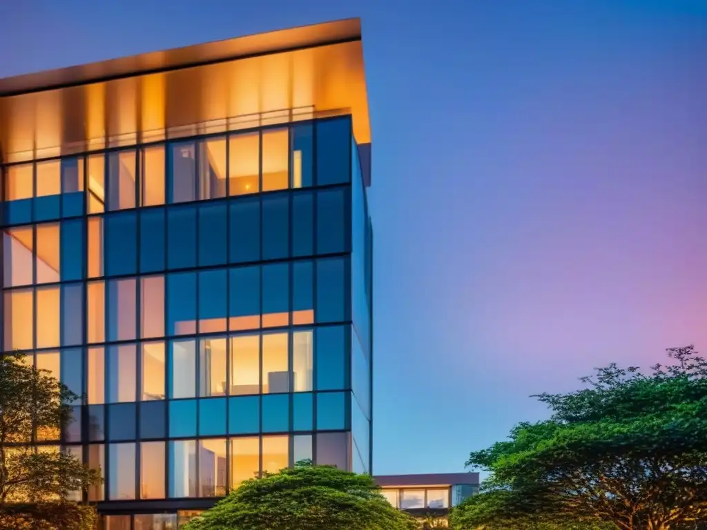 Edificio comercial de lujo con sistema de seguridad avanzado en la noche Propiedad comercial moderna con seguridad de vanguardia y vistas nocturnas de la ciudad