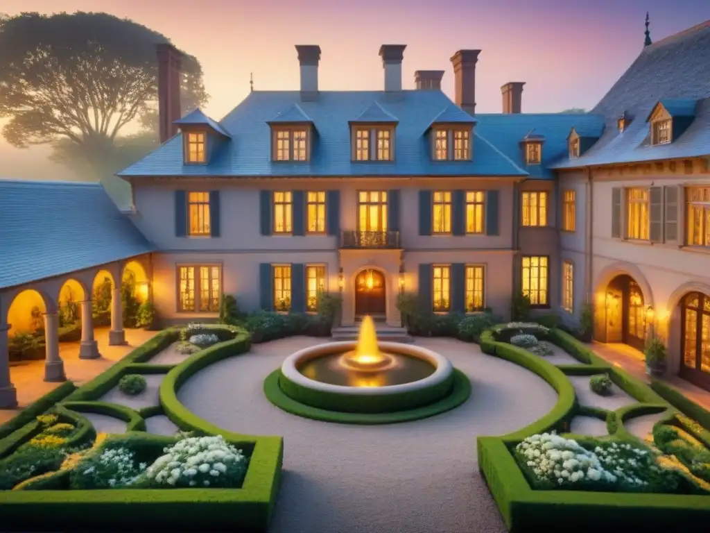 Propiedad histórica restaurada: lujo y encanto moderno al atardecer Propiedad histórica restaurada con jardines exuberantes al atardecer, ejemplifica estrategias marketing propiedades históricas restauradas
