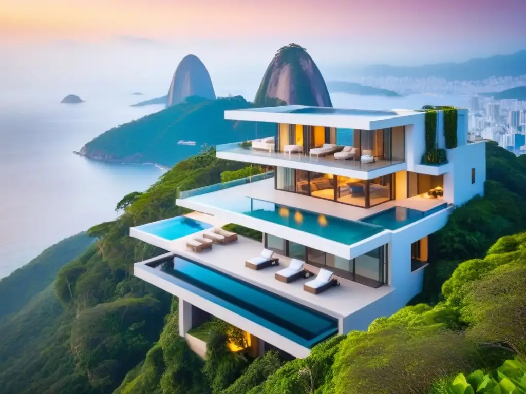 Residencia de lujo en acantilado con vista panorámica en Río de Janeiro Propiedad de lujo en acantilado con vista a Río de Janeiro al atardecer