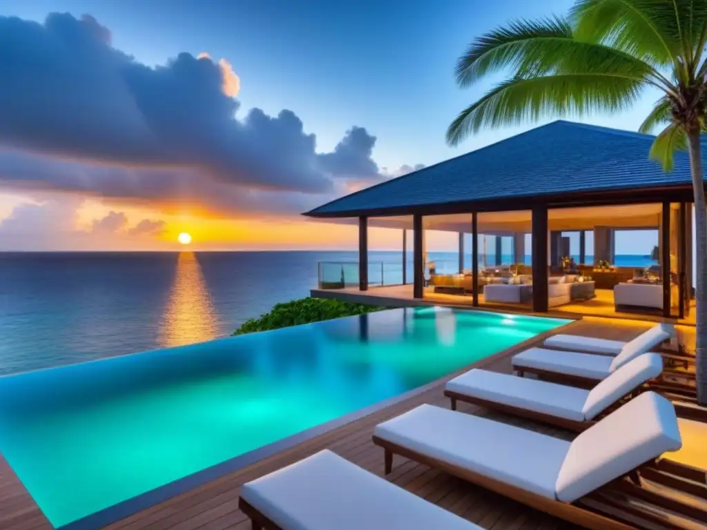 Propiedad de lujo frente a la playa en el Caribe con atardecer dorado Propiedad de lujo frente a la playa en el Caribe con aguas turquesas, playas de arena blanca, palmeras exuberantes y diseño arquitectónico moderno