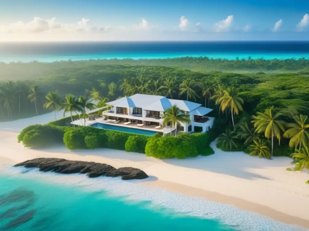 Propiedad de lujo en el Caribe: paraíso exclusivo Propiedad de lujo frente al mar en el Caribe, con aguas turquesas, playas de arena blanca, palmeras verdes y arquitectura moderna