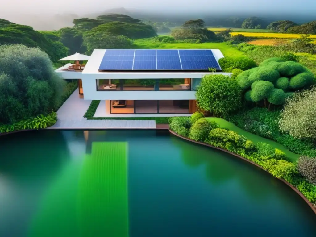 Arquitectura moderna en paisaje verde: perfecta armonía Propiedad moderna rodeada de naturaleza exuberante y paneles solares brillantes