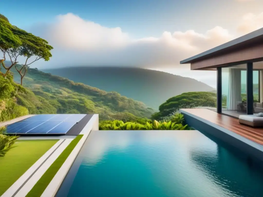 Propiedad sostenible de lujo con energía solar y piscina infinita Propiedad sostenible de lujo en mercados emergentes propiedades alta gama con paneles solares, jardines verdes y piscina infinita