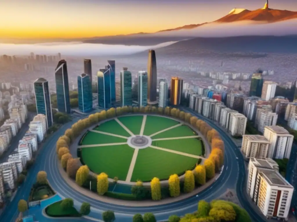Horizonte de Santiago, Chile al atardecer: modernidad y crecimiento urbano Invertir en propiedades en Chile: Vista aérea de Santiago al atardecer, mostrando su arquitectura moderna y ajetreado mercado inmobiliario