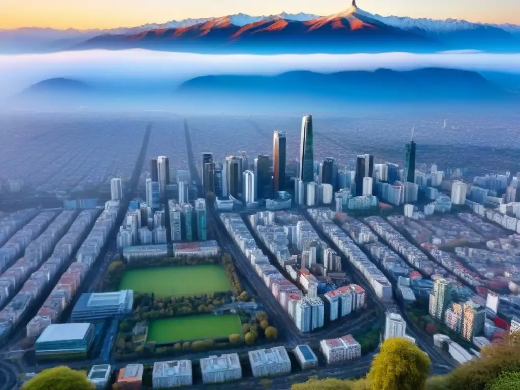 Santiago, Chile: ciudad vibrante entre historia y modernidad Invertir en propiedades en Chile: Vista aérea de Santiago con mezcla de arquitectura histórica y rascacielos modernos, con los Andes de fondo