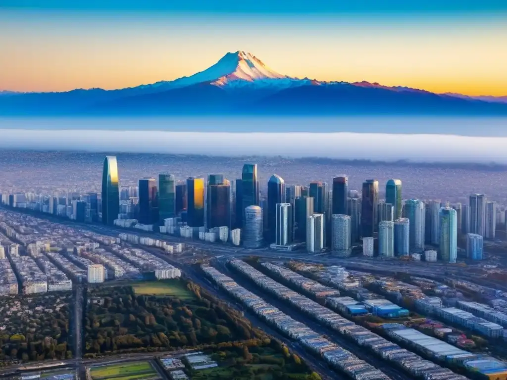 Espectacular skyline de Santiago de Chile con los Andes al fondo Invertir en propiedades en Chile: Vista aérea de Santiago con modernos rascacielos y la cordillera de los Andes al fondo