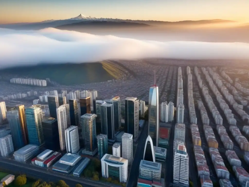 Panorama futurista de Santiago, Chile al atardecer Invertir en propiedades en Chile: Atardecer sobre Santiago, con modernos rascacielos y diseño arquitectónico innovador