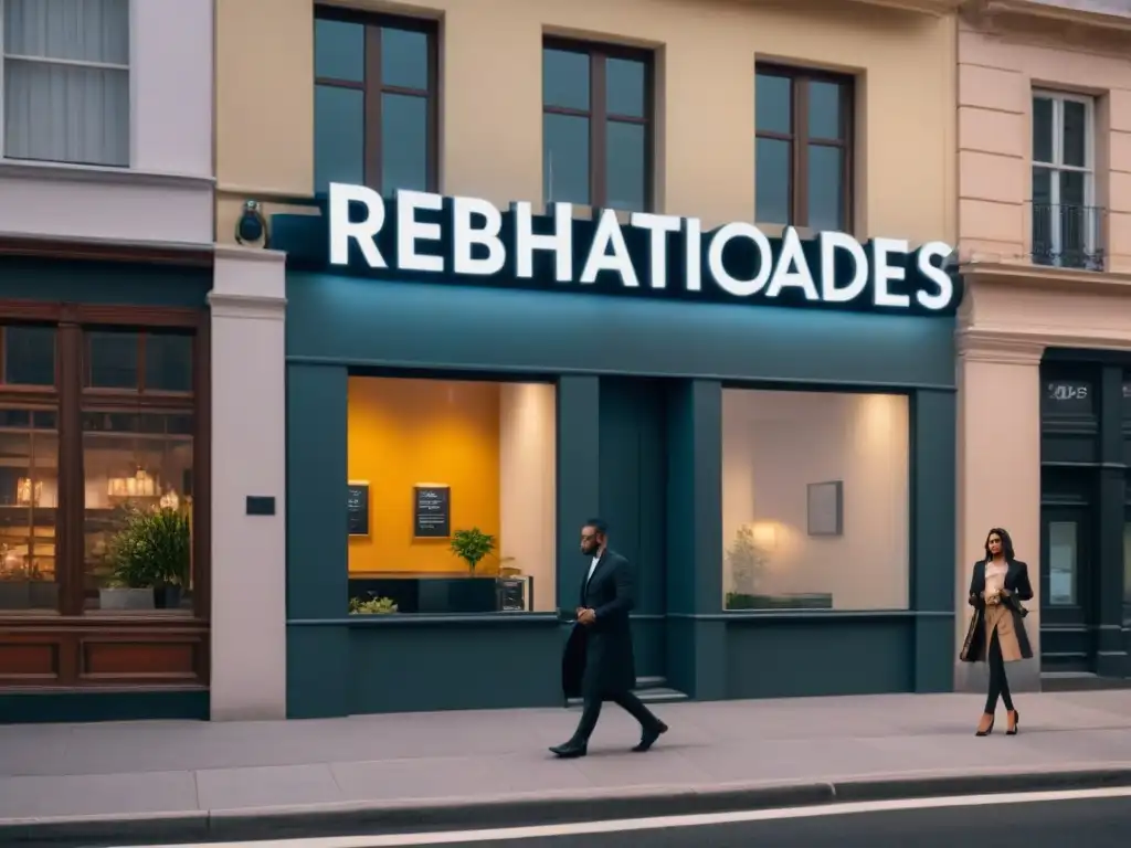 Propiedad comercial renovada con elegancia al anochecer Rehabilitación de propiedades comerciales: Edificio renovado con elegante diseño contemporáneo y toques históricos, reflejando la ciudad al anochecer