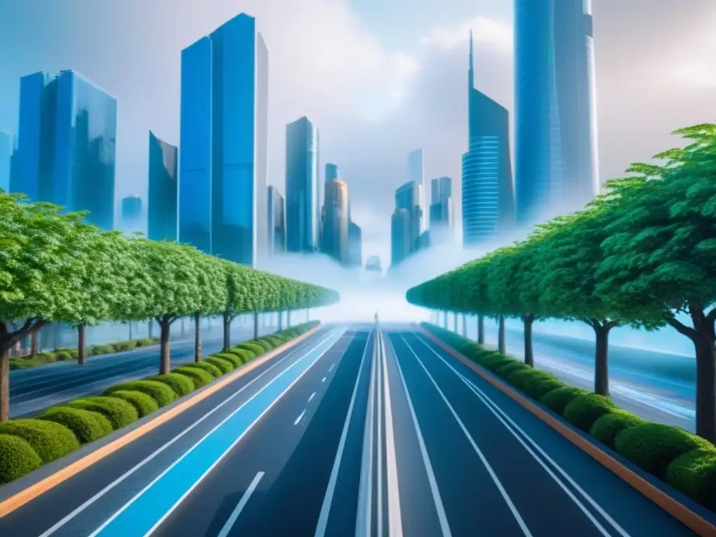 Cityscape futurista con tecnología avanzada de protección contra desastres naturales Propiedades comerciales protegidas con tecnología avanzada de seguros contra desastres naturales