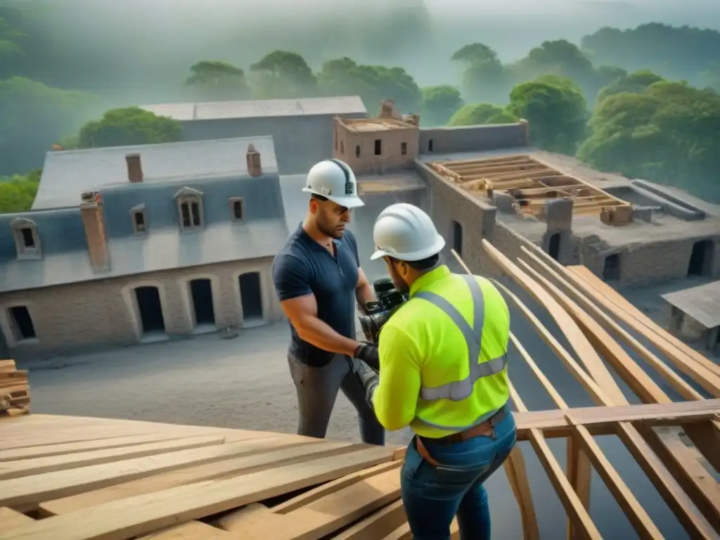 Restauración histórica: meticulosidad y modernidad en acción Inversión en restauración de propiedades: Equipo restaurando meticulosamente una propiedad histórica con herramientas modernas