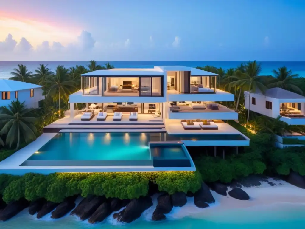 Propiedad de lujo frente al mar: atardecer en el Caribe Inversión en propiedades frente mar: lujosa casa moderna frente al mar con diseño elegante y vistas al mar Caribe al atardecer