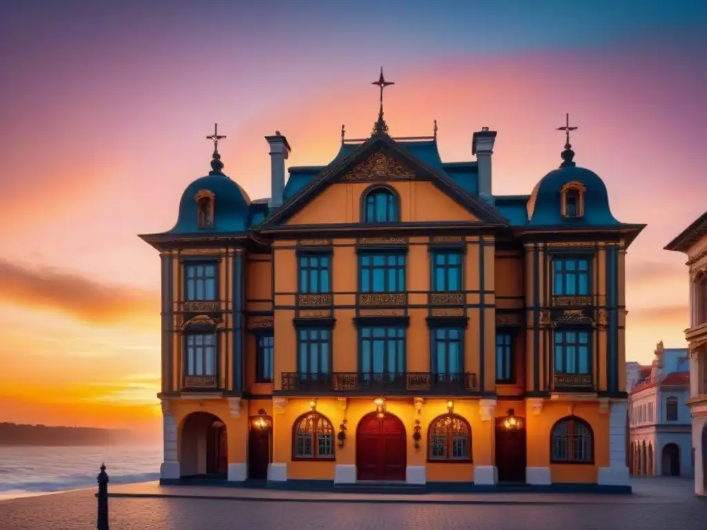 Edificio histórico restaurado en atardecer vibrante Inversión en propiedades históricas: Majestuoso edificio con detalles arquitectónicos y atardecer vibrante