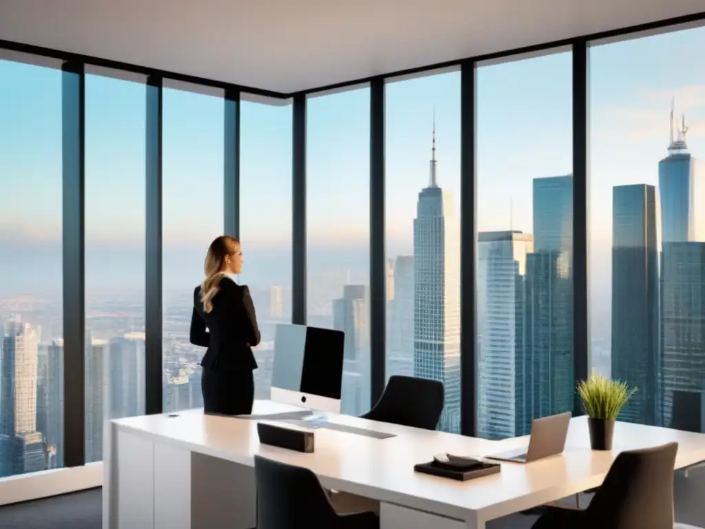 Oficina inmobiliaria moderna: eficiencia y colaboración Gestión de propiedades inmobiliarias: Un profesional y su equipo colaboran eficientemente en una oficina moderna con vistas a la ciudad